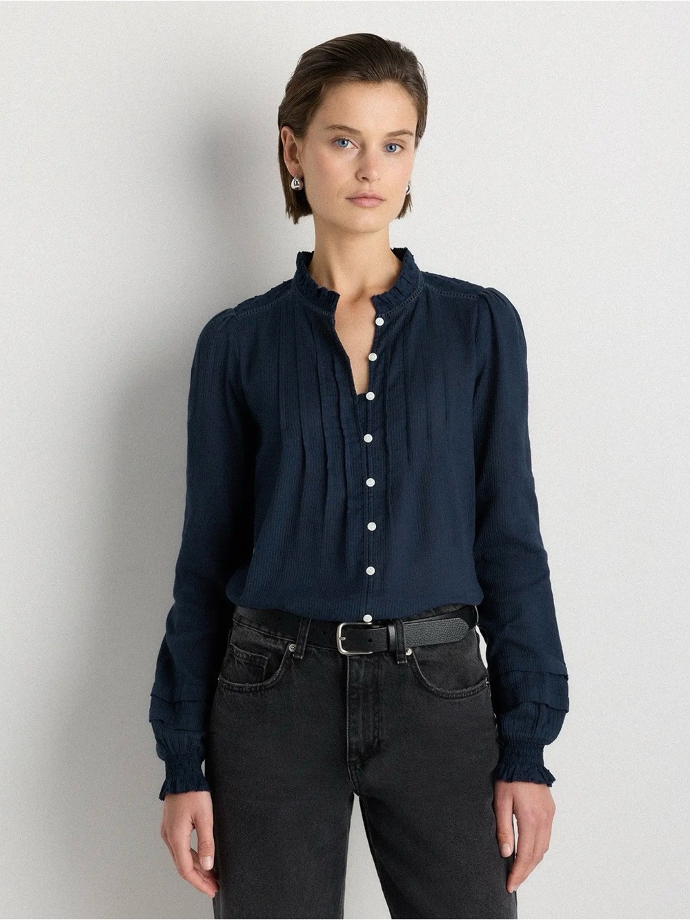 Quince Navy Pintuck Ruffle-Trim Button Down Blouse